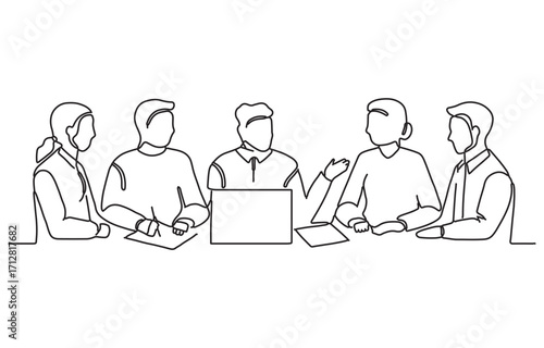 Diverse business team collaborating in a modern meeting room discussing ideas vector, Continuous One Line art