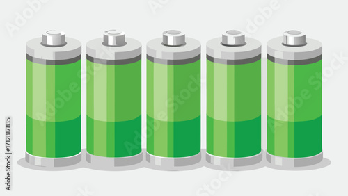 Five Green Batteries with Varying Charge Levels Displayed in a Row