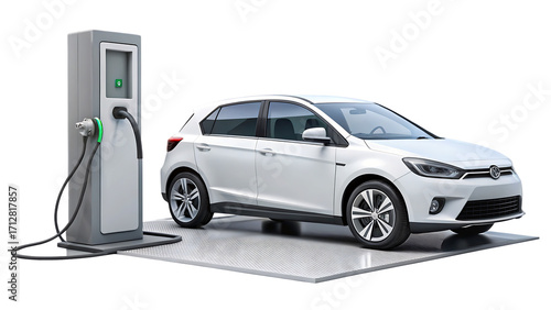 3D Modern EV Charging Station with Electric Car on White & Transparent Background