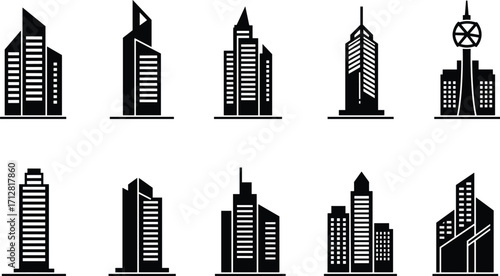 Silhouette skyscraper building icons, modern architecture city skyline urban tower highrise structure real estate property design illustration set