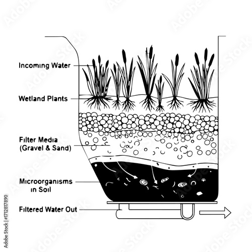 A black and white diagram illustrating a constructed wetland biofilter system showing layers of plants gravel sand and soil for natural water purification.