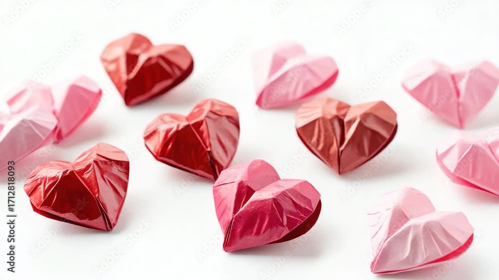 A collection of colorful paper hearts on a plain white background