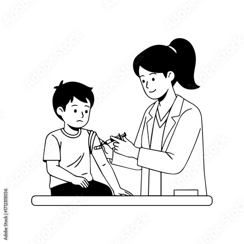A black and white line art illustration of a female doctor giving a vaccination shot to a young boys arm.