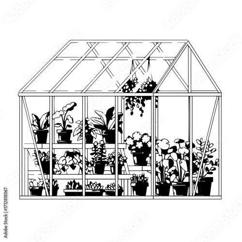 A black and white line art illustration of a glasshouse filled with numerous potted plants flowers and hanging baskets.
