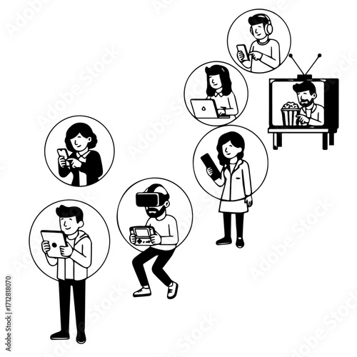 A black and white line art illustration of diverse people using modern electronic devices like phones VR and laptops.