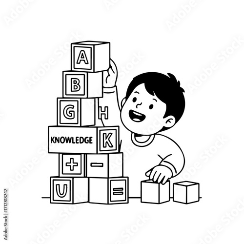 A cheerful young boy in a line art style builds a tower with educational alphabet and knowledge blocks.