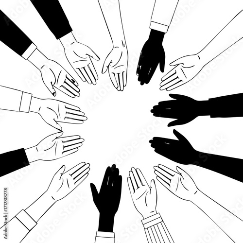 A circle of diverse black and white illustrated hands reaching together in a gesture of unity.
