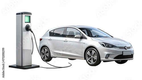 3D Modern EV Charging Station with Electric Car on White & Transparent Background