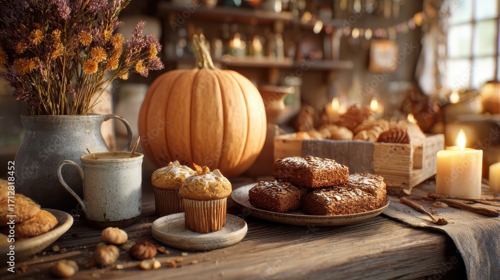 Naklejka premium cozy autumn scene with pumpkin and baked goods