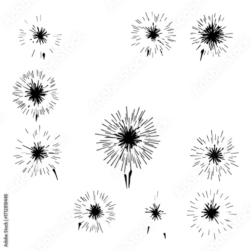 A collection of stylized black ink dandelion seed heads handdrawn in a simple graphic minimalist style.