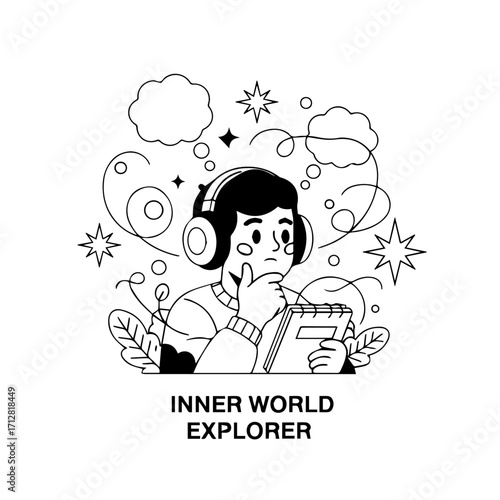 A contemplative person wearing headphones and holding a notebook surrounded by handdrawn stars and clouds representing their inner world.