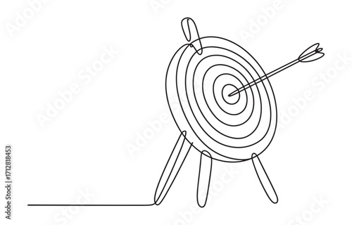 Abstract line art arrow hits bullseye on target with tripod stand achieving goal vector