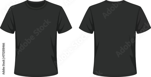 Front and back view of a plain black short-sleeved t-shirt on a white background clothing apparel