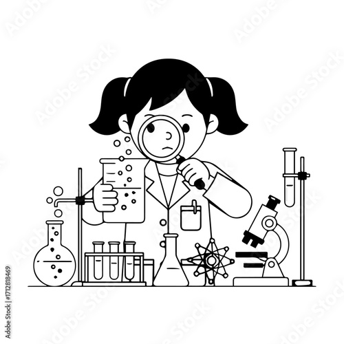 A curious young girl scientist in a lab coat examining a bubbling beaker with a magnifying glass.
