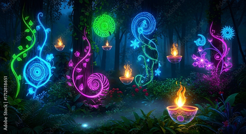 Obraz premium Vibrant magical forest scene with glowing vines, abstract shapes, and traditional oil lamps illuminating the dark woodland.