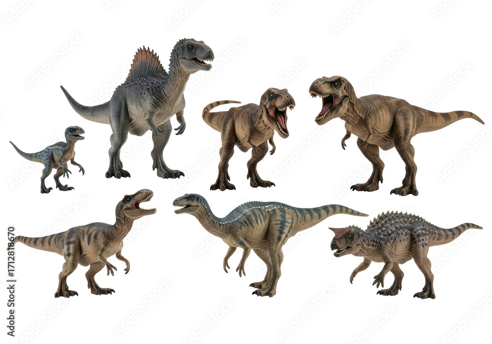 Obraz premium Detailed, realistic plastic dinosaur toys in various dynamic poses, isolated on white with copy space, soft studio light. Educational paleontology concept