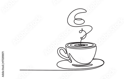 Single line drawing of a steaming coffee cup and saucer creating an artistic minimalist beverage concept vector
