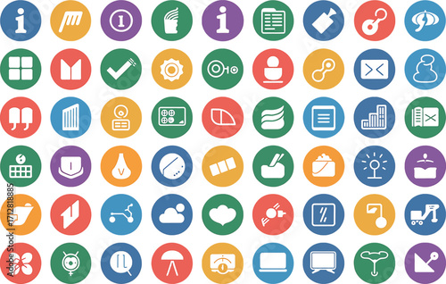 Large grid of colorful circular icons with various symbols and graphics vector illustration
