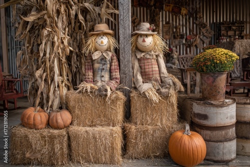 Two cheerful scarecrows sit on hay bales in a rustic setting adorned with pumpkins and flowers. The scene captures the essence of autumn and harvest celebrations