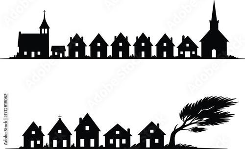 Silhouette village town scene icons, church house tree windy storm calm weather architecture rural building landscape illustration set