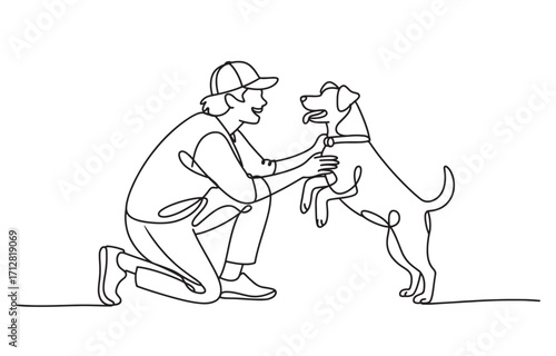 Person kneeling Happy dog sitting inside a circle simple line drawing portrait vector, Continuous One Line art

