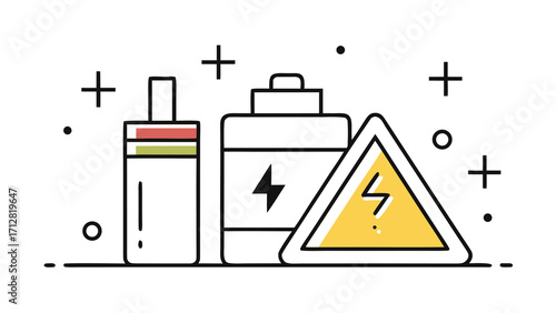 Battery Energy Storage System with Warning Sign Illustration for Renewable Power