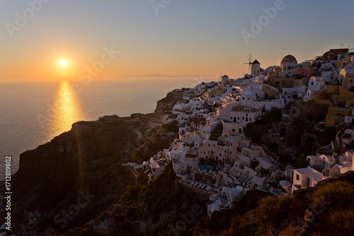 Panoramic view of Santorini Island at sunset, Cyclades Islands, Greece