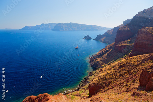 Panoramic view of Santorini Island at sunset, Cyclades Islands, Greece