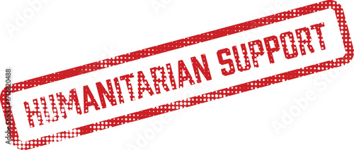 A red stamp declares Humanitarian Support in a bold, diagonal composition