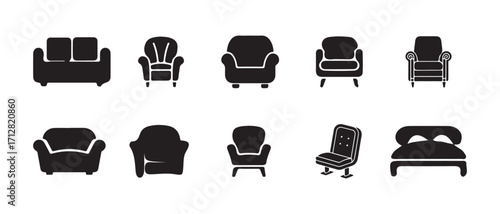 Sofa set icon, couch, furniture icon isolated, armchair chair furniture icon, various style furniture silhouettes, modern chair, arm chair icon, Sofa logo, vector illustration EPS 10.
