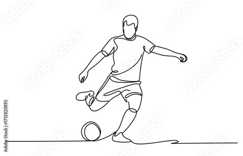 Dynamic line art of a soccer player kicking a ball in full motion vector