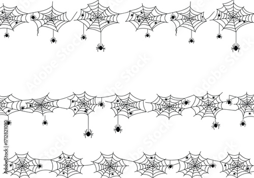 Halloween spider web border illustration with creepy spiders, spooky cobwebs decoration design element, black line art seamless frame for invitations