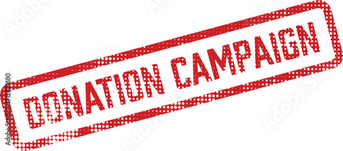 A red donation campaign stamp features bold text and a textured design