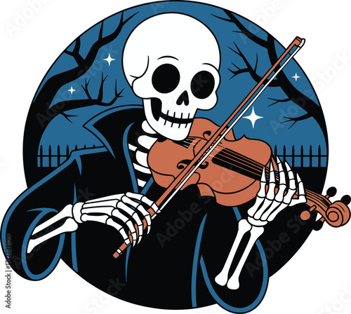 Halloween skeleton playing violin illustration, spooky night scene, haunted forest, creepy graveyard, scary character, dark music, gothic horror design