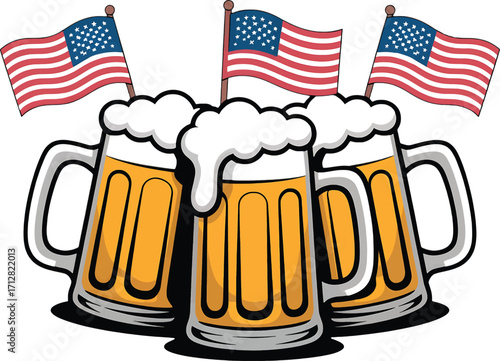 Three frothy beer mugs with American flags celebrating Independence Day drink alcohol