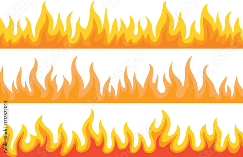Three horizontal borders of stylized orange and yellow flames on a white background Keywords: fire, flame, border, pattern, heat, energy, abstract