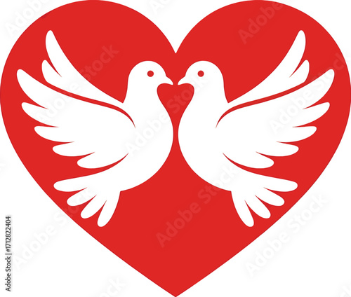 Two white doves silhouetted within a red heart shape Keywords: doves, pigeons, birds, heart, love, romance, peace, symbol, icon, graphic, illustration