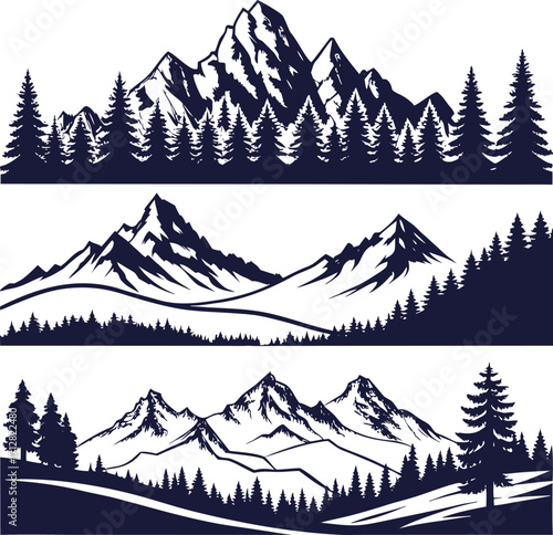 Mountain landscape silhouettes with pine forest scenery, alpine peaks and natural wilderness illustration, perfect background design for travel, adventure, outdoor, and decorative projects