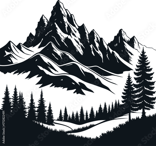 Majestic mountain illustration with snowy alpine peaks and dense pine forest, scenic wilderness landscape background for travel, adventure, outdoor, and decorative design projects