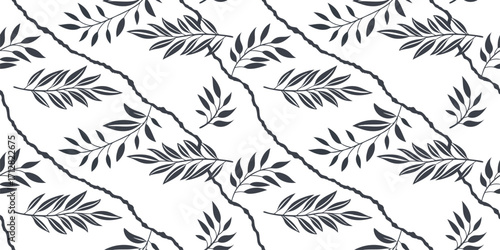 Elegant seamless black leaf branch pattern on white background, ideal for modern fabric prints, minimalist wallpaper, and stylish botanical inspired digital design projects.