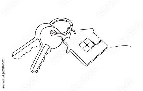 Set of house keys with a charming house shaped keychain for new homeownership and real estate concepts vector, Continuous One Line art