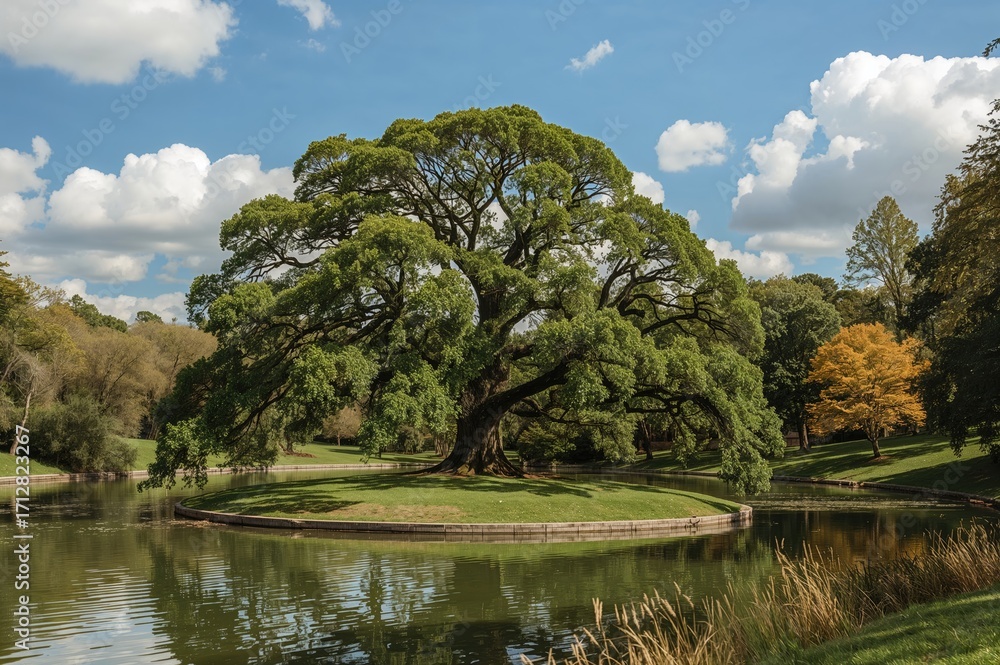 Fototapeta premium Scenic tree area by a lake with river and seasonal landscape in a fantasy park setting
