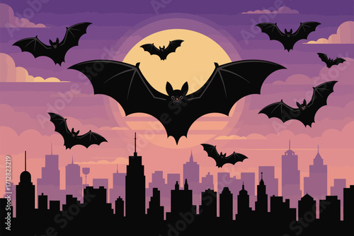 Silhouette of bats flying over a stylized city skyline at night