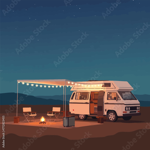 Charming tiny camper van illustration for outdoor adventures