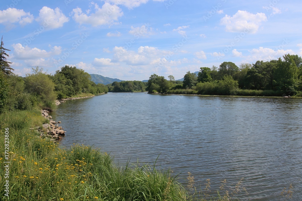Obraz premium Summer day scene of a riverbank landscape