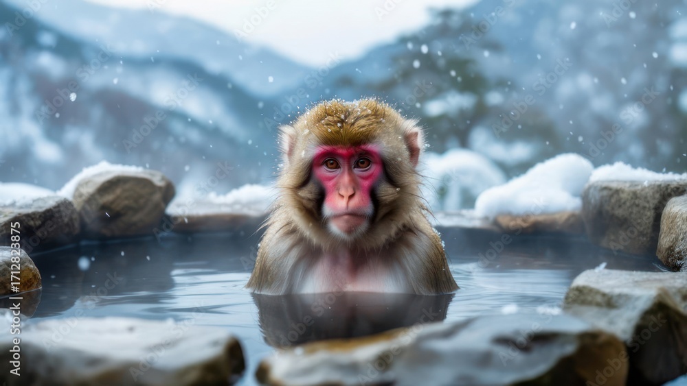Obraz premium Snow monkey in a hot spring