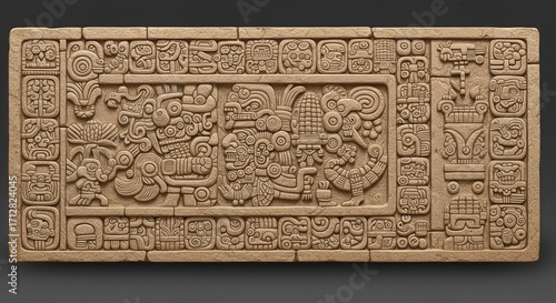 Ornate, light beige relief carvings depict intricate Mayan glyphs and figures, arranged in a detailed panel.
