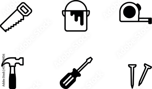 Construction tools black and white icons set for renovation design