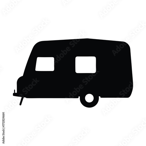 Isolated black caravan trailer camper silhouette for camping and outdoor recreation travel icon