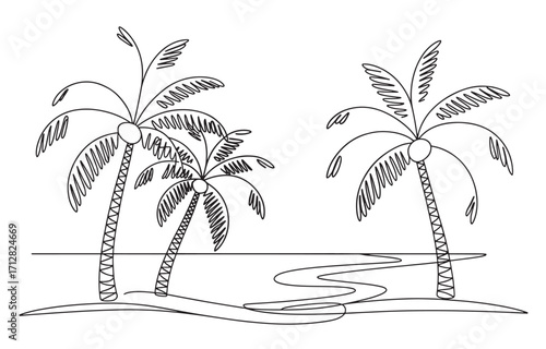Tropical palm trees line art isolated sketch beach landscape nature vector

